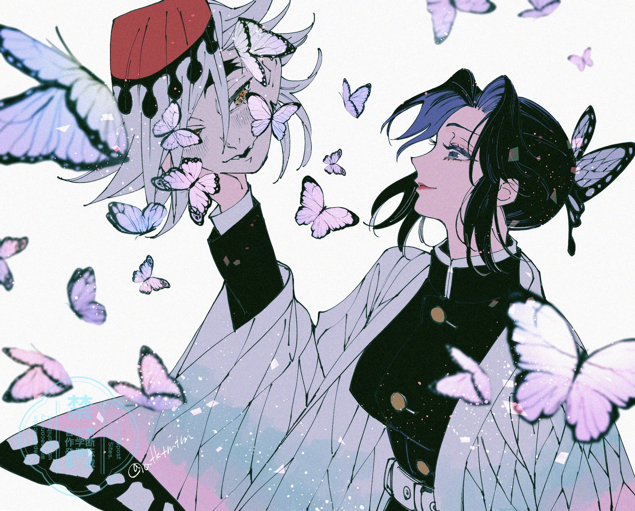 ateka, douma (kimetsu no yaiba), kochou shinobu, kimetsu no yaiba, commentary request, highres, spoilers, 1boy, 1girl, belt, black hair, blue eyes, breasts, bug, butterfly, closed mouth, curtained hair, demon slayer uniform, from side, hat, holding detached head, insect, japanese clothes, large breasts, lipstick, long sleeves, looking at another, makeup, orange eyes, parted bangs, pink butterfly, pink lips, red hat, severed head, short hair, sidelocks, simple background, smile, text in eyes, upper body, white background