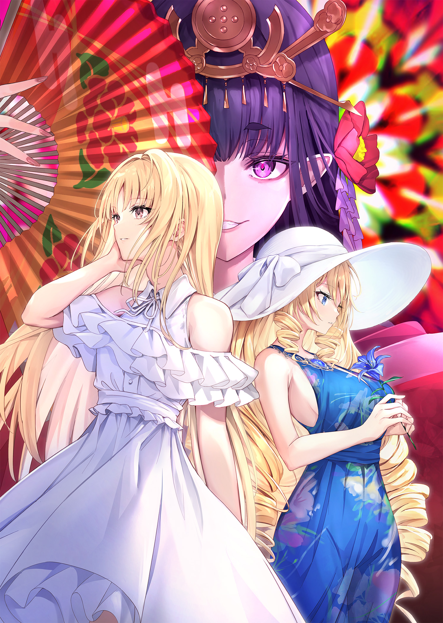 haishiki, ophelia von margeline, sanjou hiiro, danshi kinsei game sekai de ore ga yarubeki yuiitsu no koto yuri no ma ni hasamaru otoko to shite tensei shite shimaimashita, commentary request, highres, 2girls, bare shoulders, blonde hair, blue dress, blue eyes, blue flower, blue gemstone, breasts, brown eyes, crossdressing, crossdressing (mtf), dress, floral print, floral print dress, flower, folding fan, gem, grin, hair flower, hair ornament, hand fan, hat, hirabitai, holding, holding fan, holding flower, japanese clothes, jewelry, kanzashi, karaginu mo, kimono, large breasts, layered kimono, long hair, multiple girls, multiple piercings, nanatsubaki (yurihasa), necklace, pointy ears, print dress, print kimono, purple eyes, purple hair, ringlets, smile, sundress, very long hair, white dress, white hat, wings