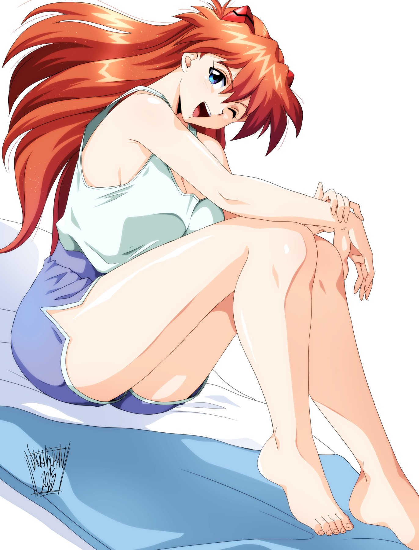 danmakuman, souryuu asuka langley, neon genesis evangelion, highres, 1girl, armpits, bed, blue eyes, breasts, cleavage, hair between eyes, long hair, looking at viewer, medium breasts, one eye closed, orange hair, shorts, sitting, smile, solo, tank top, thick thighs, thighs, underwear