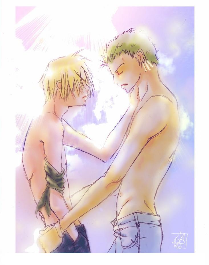 roronoa zoro, sanji (one piece), one piece, 2boys, bandana, blonde hair, blue sky, closed eyes, cloud, denim, earrings, facial hair, goatee, green hair, hand in pocket, jeans, jewelry, male focus, multiple boys, pants, sky, sun, topless male, yaoi
