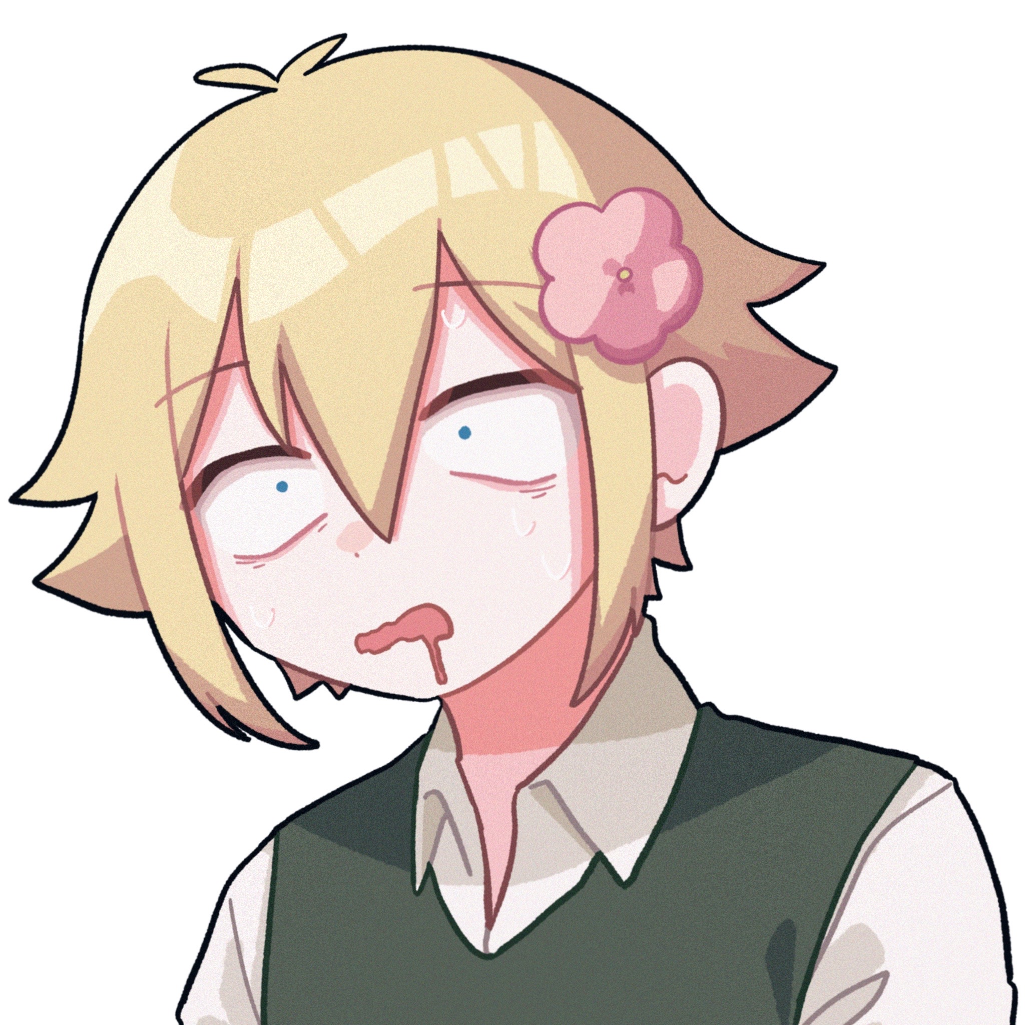 yksm oe, basil (faraway) (omori), basil (omori), omori, commentary request, highres, 1boy, antenna hair, blonde hair, blue eyes, collared shirt, double-parted bangs, drooling, flower, green sweater vest, hair between eyes, hair flower, hair ornament, male focus, mouth drool, open mouth, shirt, short hair, sidelocks, simple background, solo, sweater vest, white background, white shirt