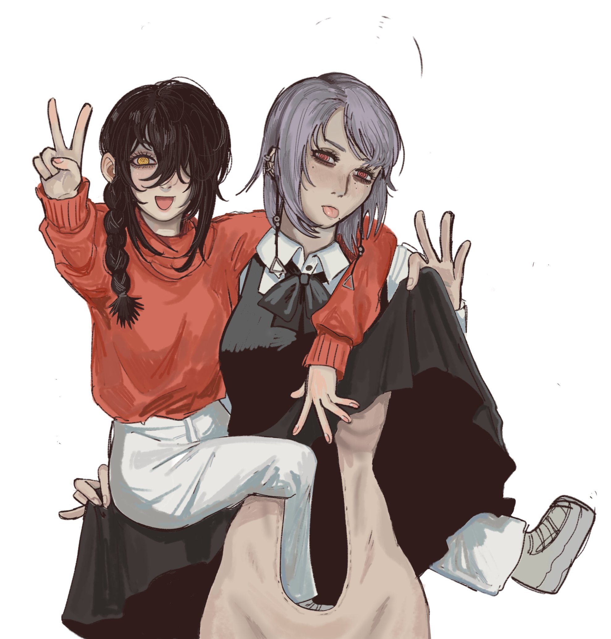 pagansp1der, death devil (chainsaw man), fami (chainsaw man), nayuta (chainsaw man), chainsaw man, highres, 2girls, black dress, black hair, braid, braided ponytail, clothes lift, collared shirt, deep wound, dress, dress lift, earrings, fourth east high school uniform, grey hair, hair over one eye, injury, jewelry, lifting own clothes, long hair, looking at viewer, medium hair, multiple girls, orange eyes, pants, pinafore dress, red sweater, ringed eyes, school uniform, shirt, simple background, sleeveless, sleeveless dress, sweater, v, white background, white pants, white shirt, yellow eyes