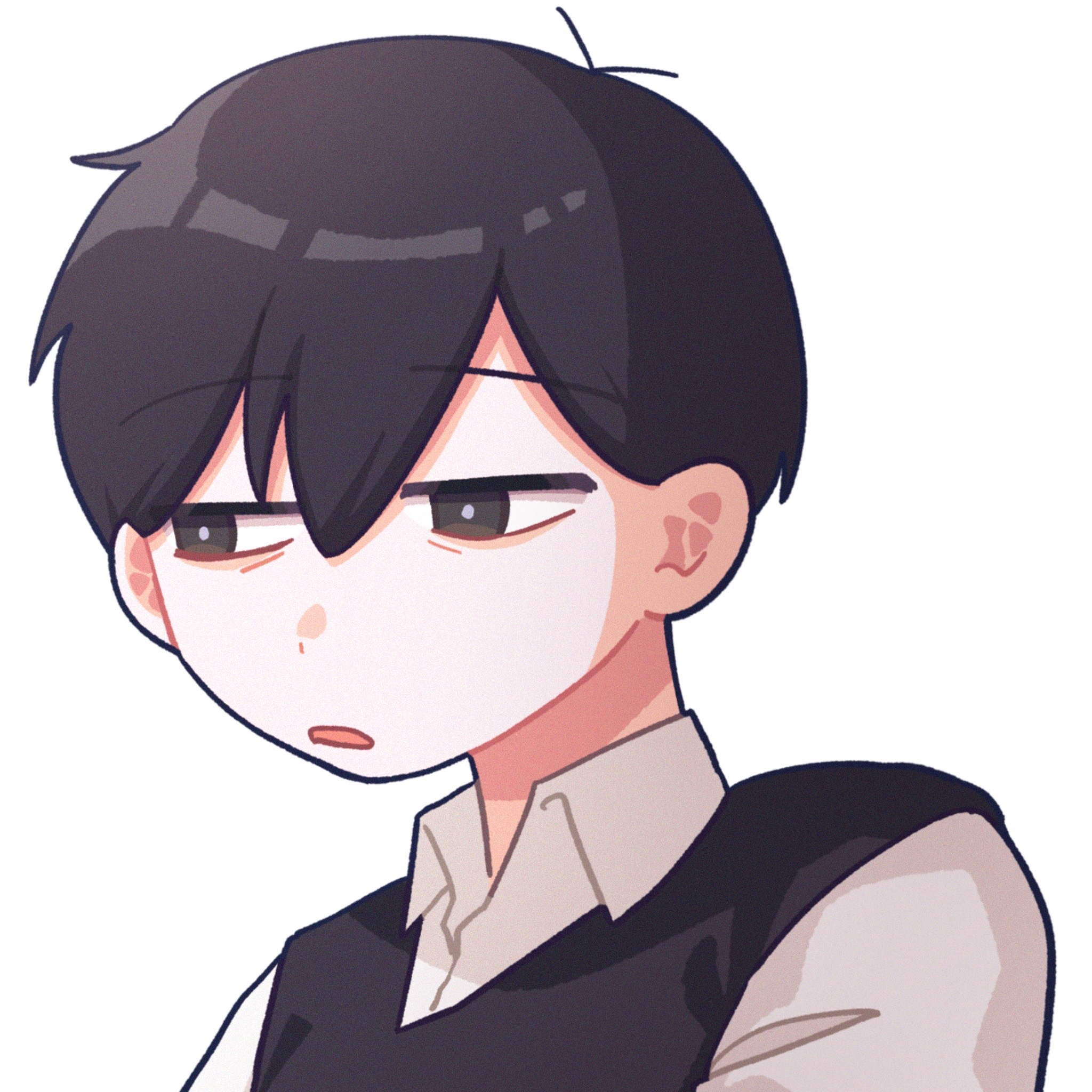 yksm oe, sunny (omori), omori, highres, 1boy, black eyes, black hair, black sweater vest, bright pupils, collared shirt, double-parted bangs, hair between eyes, male focus, parted lips, shirt, short hair, simple background, solo, sweater vest, upper body, white background, white pupils, white shirt