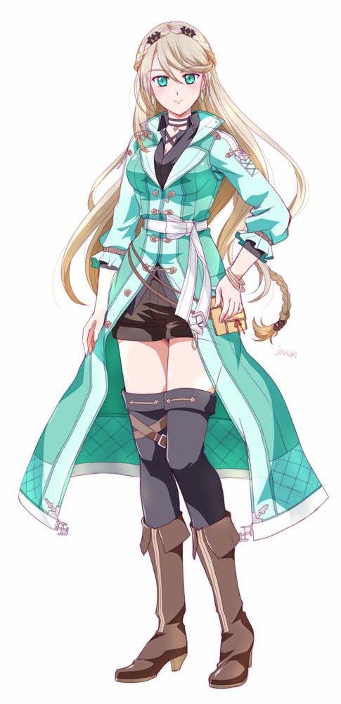 xiacheng tatsuya, elaine auclair, eiyuu densetsu, kuro no kiseki, kuro no kiseki (series), kuro no kiseki ii, commentary request, 1girl, artist name, bag, black socks, boots, braid, breasts, brown hair, closed mouth, coat, crown braid, floating hair, full body, green eyes, hair between eyes, hand on own hip, handbag, high heel boots, high heels, long hair, long sleeves, looking at viewer, medium breasts, over-kneehighs, parted bangs, pendant choker, simple background, single braid, socks, solo, swept bangs, tachi-e, thighhighs, white background