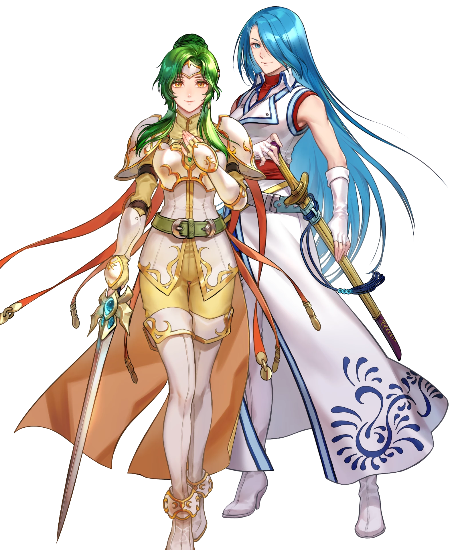 elincia ridell crimea, lucia (fire emblem), fire emblem, fire emblem: path of radiance, fire emblem heroes, nintendo, highres, non-web source, official art, 2girls, armor, bare shoulders, blue eyes, blue hair, breastplate, facing viewer, gloves, gold cape, green hair, hair bun, hair over one eye, hand on own chest, high heels, holding, holding sword, holding weapon, long hair, looking at viewer, multiple girls, shoulder armor, smile, sword, tachi-e, very long hair, weapon, white gloves