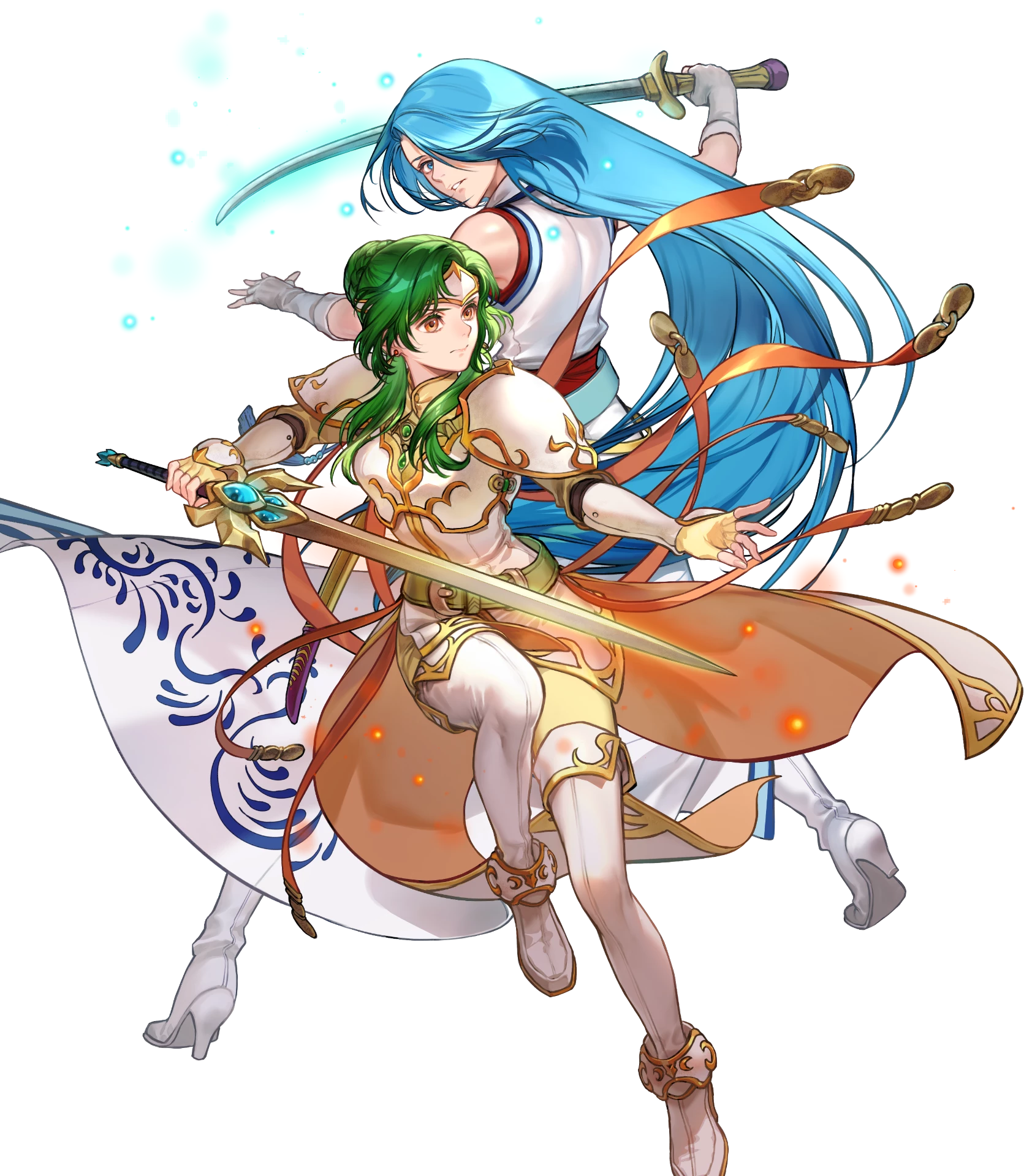 elincia ridell crimea, lucia (fire emblem), fire emblem, fire emblem: path of radiance, fire emblem heroes, nintendo, highres, non-web source, official art, 2girls, armor, attack, bare shoulders, blue eyes, blue hair, breastplate, gloves, gold cape, green hair, hair bun, hair over one eye, high heels, holding, holding sword, holding weapon, long hair, multiple girls, parted lips, shoulder armor, sword, very long hair, weapon, white gloves