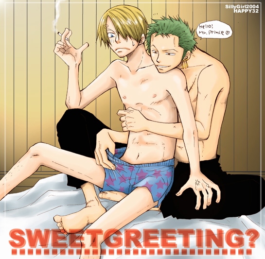 roronoa zoro, sanji (one piece), one piece, 2boys, blonde hair, boxers, cigarette, green hair, lingerie, male focus, male underwear, multiple boys, short hair, smoking, text focus, topless male, underwear, yaoi