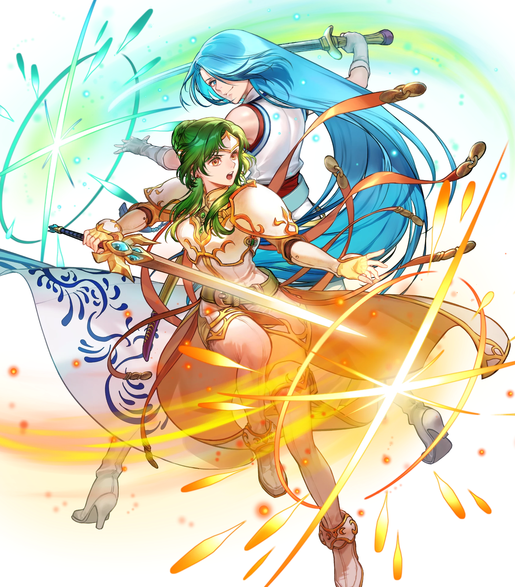 elincia ridell crimea, lucia (fire emblem), fire emblem, fire emblem: path of radiance, fire emblem heroes, nintendo, highres, non-web source, official art, 2girls, armor, attack, bare shoulders, blue eyes, blue hair, breastplate, gloves, glowing, glowing sword, glowing weapon, gold cape, green hair, hair bun, hair over one eye, high heels, holding, holding sword, holding weapon, long hair, multiple girls, open mouth, shoulder armor, sword, very long hair, weapon, white gloves