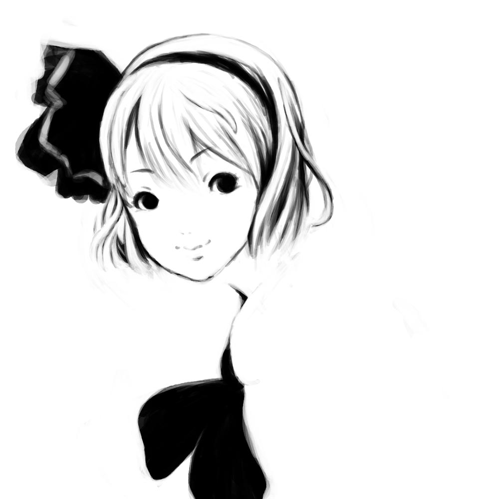 marusa, konpaku youmu, touhou, 1girl, female focus, greyscale, monochrome, smile, solo, upper body, white background