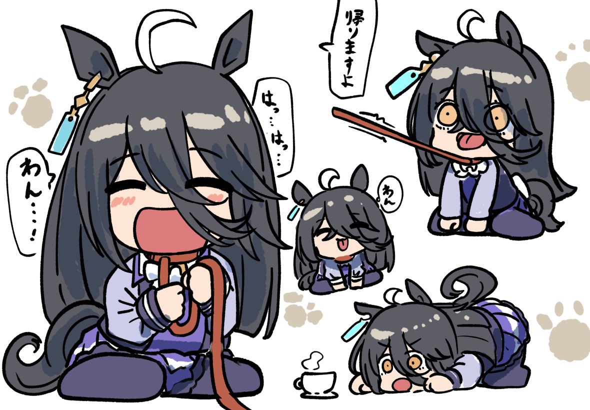 kawamochi (kawauti919), manhattan cafe (umamusume), umamusume, commentary request, translation request, 1girl, :d, :p, ^ ^, ahoge, animal ears, black hair, blush stickers, bow, brown eyes, chibi, closed eyes, closed mouth, collar, cup, eyes visible through hair, hair between eyes, hair over one eye, horse ears, horse girl, horse tail, leash, long hair, long sleeves, multicolored hair, multiple views, no shoes, open mouth, pantyhose, pleated skirt, puffy long sleeves, puffy sleeves, purple pantyhose, purple shirt, purple skirt, red collar, school uniform, shirt, skirt, sleeves past wrists, smile, steam, tail, tongue, tongue out, tracen school uniform, two-tone hair, very long hair, white bow, white hair
