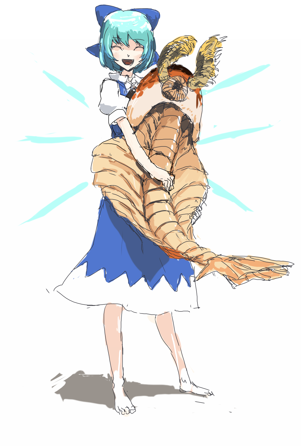 kai (kai 013), cirno, touhou, bad id, bad pixiv id, highres, 1girl, animal, anomalocaris, barefoot, closed eyes, dress, feet, female focus, full body, happy, prehistoric animal, simple background, sketch, smile, solo, white background