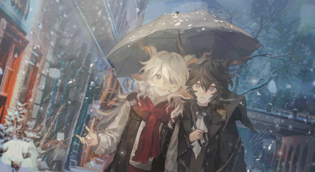 tomamo09, ebenholz (arknights), kreide (arknights), arknights, commentary, 2boys, animal ears, ascot, bare tree, black hair, black jacket, black vest, blush, bridge, building, goat boy, goat ears, goat horns, holding, holding umbrella, horns, jacket, leaning on person, letterboxed, long sleeves, male focus, multiple boys, open mouth, purple eyes, red scarf, scarf, shared umbrella, smile, snow, snowing, tree, umbrella, upper body, vest, white ascot, white hair, yaoi