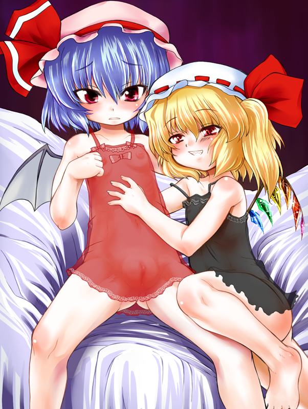 marusuke, flandre scarlet, remilia scarlet, touhou, 2girls, babydoll, bare shoulders, barefoot, bat wings, blonde hair, blue hair, blush, female focus, flat chest, hat, incest, loli, multiple girls, navel, nipples, pussy, red eyes, ribbon, see-through clothes, short hair, siblings, side ponytail, sisters, sitting, wings, yuri