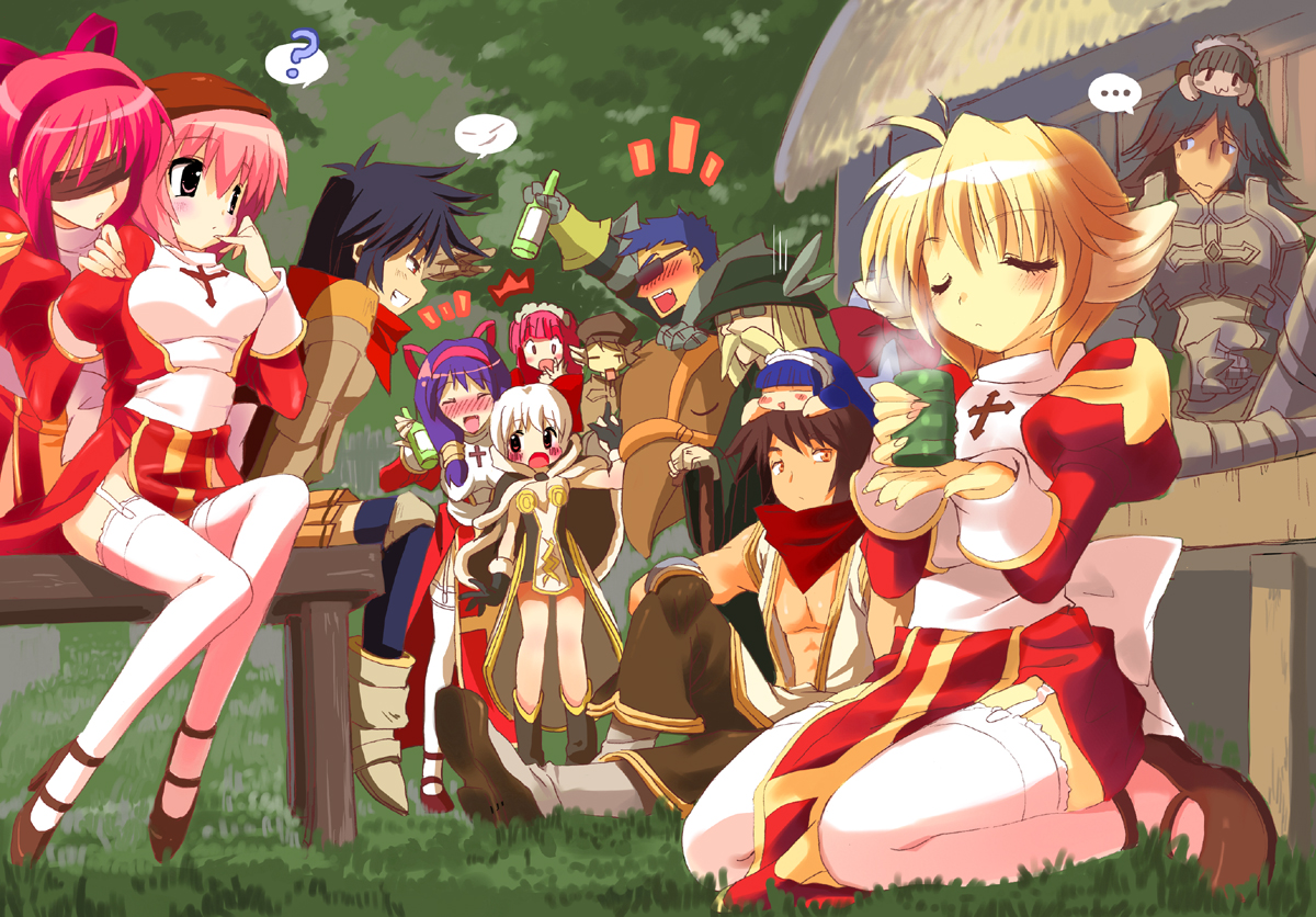 emily (pure dream), champion (ragnarok online), high priest (ragnarok online), high wizard (ragnarok online), lord knight (ragnarok online), paladin (ragnarok online), peco peco, ragnarok online, bad id, 2000s (style), 4boys, 6+girls, ?, armor, back bow, black hair, black shoes, blindfold, blonde hair, blue hair, bow, breastplate, breasts, brown pants, closed eyes, closed mouth, coat, cup, doll on head, dress, expressionless, facial hair, full body, garter straps, grass, green hat, hair ribbon, hairband, hat, herico, holding, holding cup, juliet sleeves, long hair, long sleeves, looking at another, medium breasts, medium hair, multiple boys, multiple girls, mustache, open mouth, outdoors, pants, pauldrons, pink hair, pleated skirt, puffy sleeves, purple hair, red dress, red eyes, red hairband, red ribbon, red scarf, ribbon, sash, scarf, shoes, short hair, shoulder armor, skirt, smile, spoken question mark, sunglasses, thatched roof, thighhighs, two-tone dress, white bow, white coat, white dress, white hair, white sash, white thighhighs, yunomi