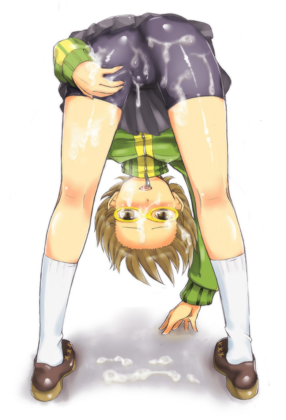 em (totsuzen no hakike), satonaka chie, atlus, persona, persona 4, 1girl, ass, bike shorts, brown eyes, brown hair, cum, cum on ass, cum on body, cum on clothes, cum on hair, cum on lower body, facial, female focus, glasses, hands reach floor, jacket, kneepits, looking through own legs, short hair, skirt, socks, solo, standing, top-down bottom-up, track jacket, upside-down, yellow-framed eyewear