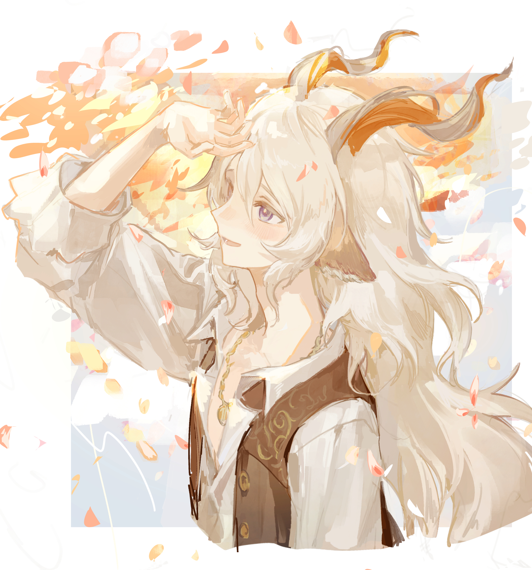 tomamo09, kreide (arknights), arknights, commentary, highres, 1boy, animal ears, blue background, blue eyes, blush, border, brown jacket, collared shirt, cropped torso, goat boy, goat ears, goat horns, hand up, horns, jacket, long hair, looking up, male focus, open mouth, petals, shading eyes, shirt, sidelocks, sleeveless, sleeveless jacket, sleeves rolled up, smile, solo, white background, white hair, white shirt