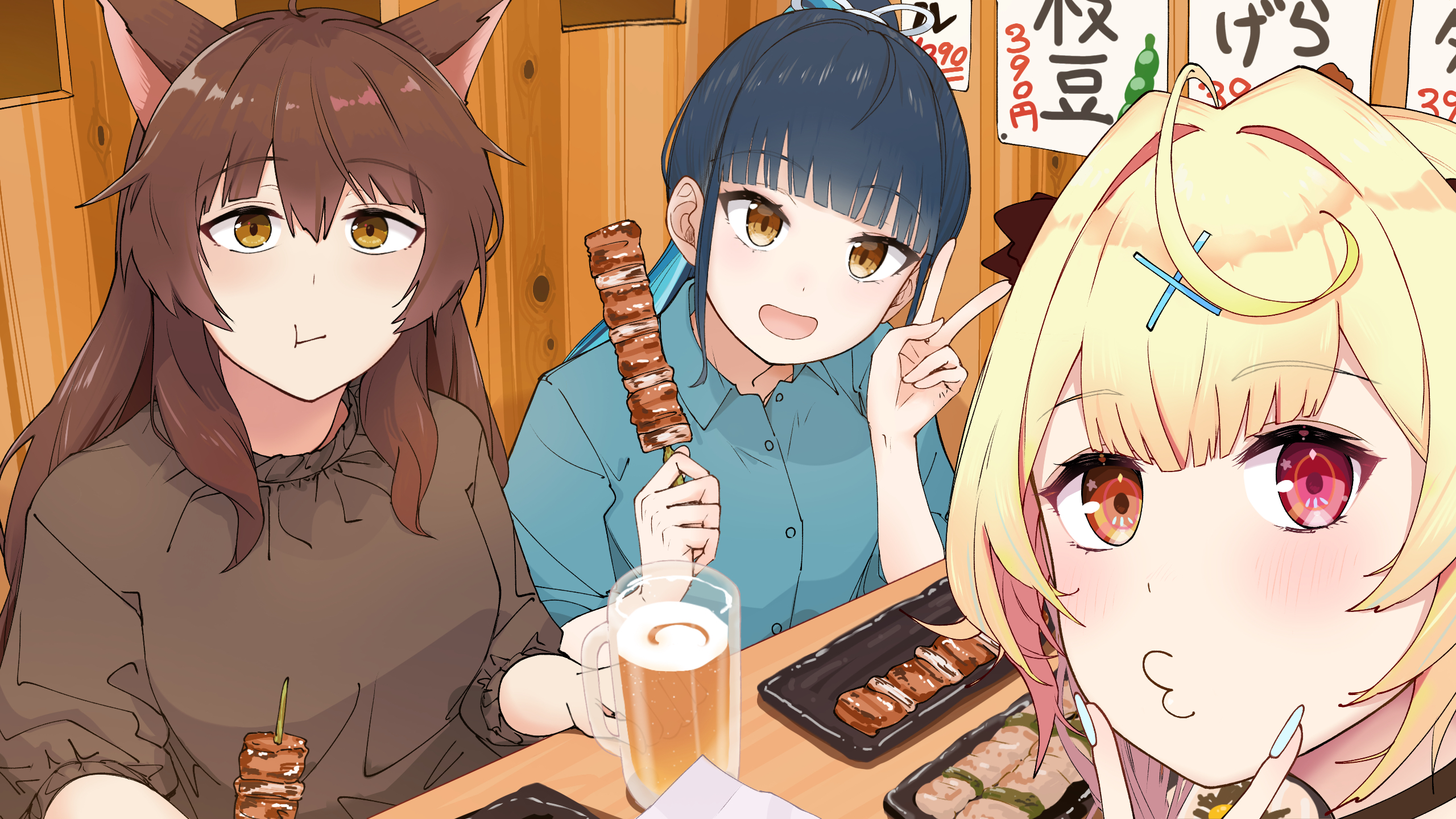 yowayowap, fumi (nijisanji), hoshikawa sara, yamagami karuta, nijisanji, commentary request, highres, 3girls, :d, :t, ahoge, alcohol, animal ears, beer, beer mug, black hair, blonde hair, blue hair, blue nails, blue shirt, brown eyes, brown hair, brown shirt, closed mouth, collared shirt, cup, dress shirt, eating, food, hair intakes, hair ornament, hairclip, heterochromia, holding, holding food, indoors, looking at viewer, mug, multicolored hair, multiple girls, nail polish, o3o, open mouth, orihimeboshi (nijisanji), red eyes, shirt, skewer, smile, two-tone hair, v, v over mouth, virtual youtuber, x hair ornament