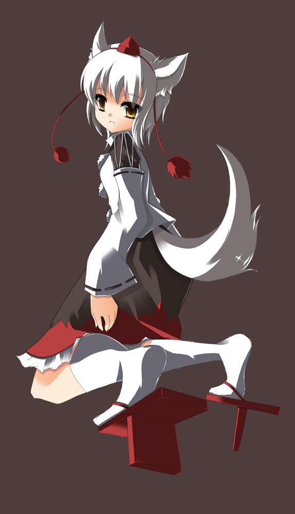 inubashiri momiji, touhou, 1girl, animal ears, female focus, geta, hat, japanese clothes, short hair, skirt, socks, solo, tail, tengu-geta, white hair, wolf ears, wolf tail, yellow eyes
