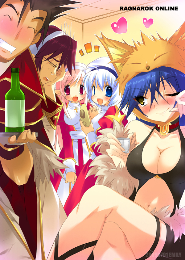 emily (pure dream), high priest (ragnarok online), high wizard (ragnarok online), stalker (ragnarok online), ragnarok online, bad id, 2000s (style), 2boys, 3girls, :d, ahoge, black shorts, black tank top, blue eyes, blue hair, blush, breasts, capelet, cleavage, closed mouth, clothing cutout, copyright name, cowboy shot, crossed legs, detached sleeves, dress, facepalm, fox hat, fur-trimmed sleeves, fur trim, glasses, heart, indoors, juliet sleeves, large breasts, long hair, long sleeves, looking at another, looking at viewer, multiple boys, multiple girls, one eye closed, open mouth, pants, pink hair, pointy ears, puffy sleeves, red capelet, red dress, red eyes, red pants, sash, short hair, shorts, sitting, smile, stomach cutout, tank top, two-tone dress, white dress, white sash, yellow eyes