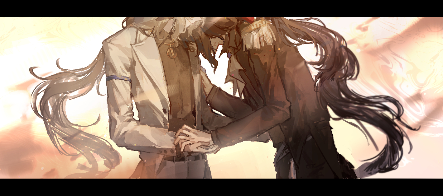 tomamo09, ebenholz (arknights), kreide (arknights), arknights, commentary, 2boys, black hair, black suit, brown background, cowboy shot, epaulettes, formal clothes, hand on another's chest, head out of frame, holding hands, kiss, letterboxed, long sleeves, male focus, multiple boys, out-of-frame censoring, pants, ponytail, sketch, suit, white hair, white pants, yaoi