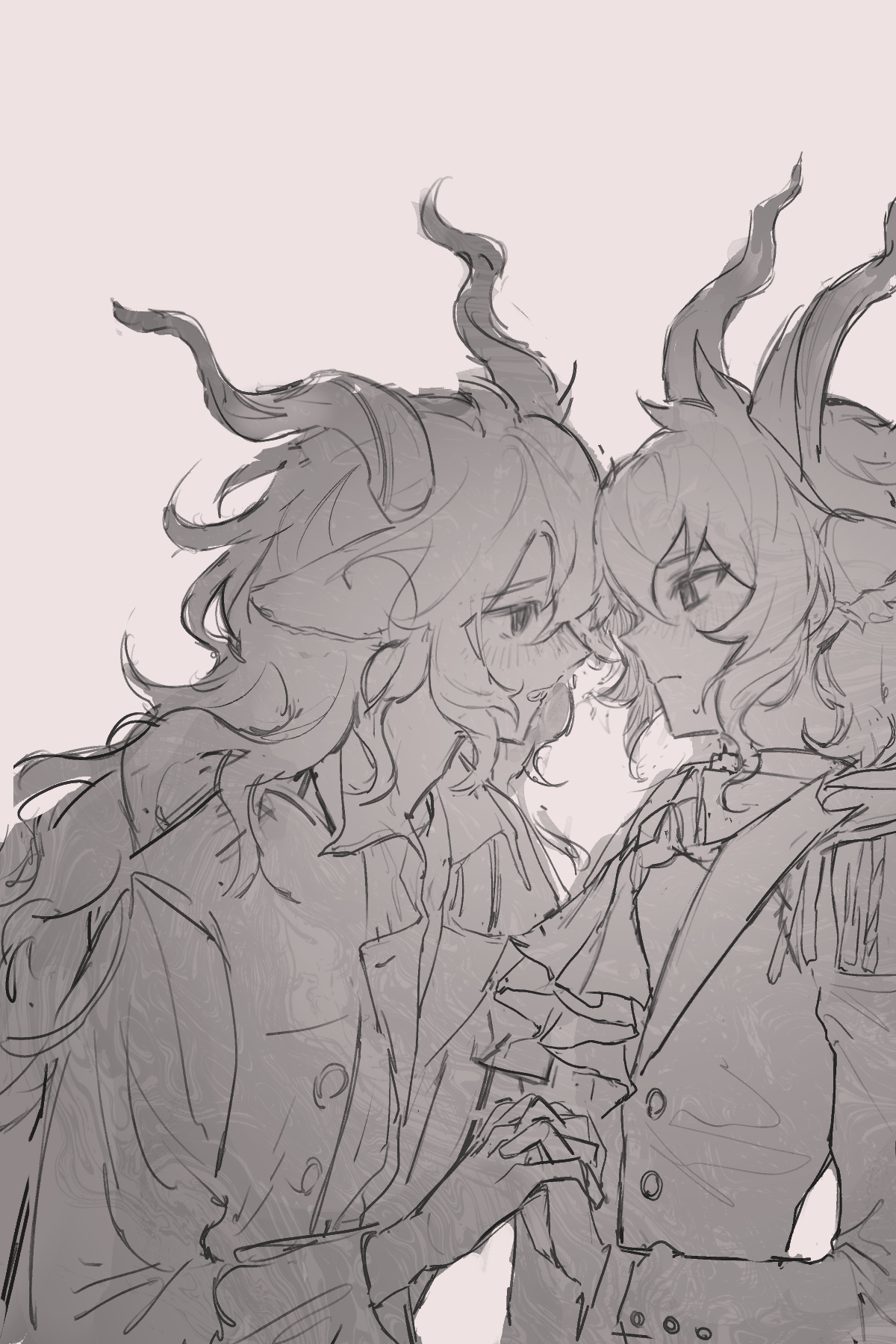 tomamo09, ebenholz (arknights), kreide (arknights), arknights, commentary, highres, 2boys, after kiss, animal ears, ascot, blush, embarrassed, epaulettes, frown, goat boy, goat ears, goat horns, greyscale with colored background, holding hands, horns, jacket, long hair, male focus, multiple boys, pink background, sketch, upper body, yaoi