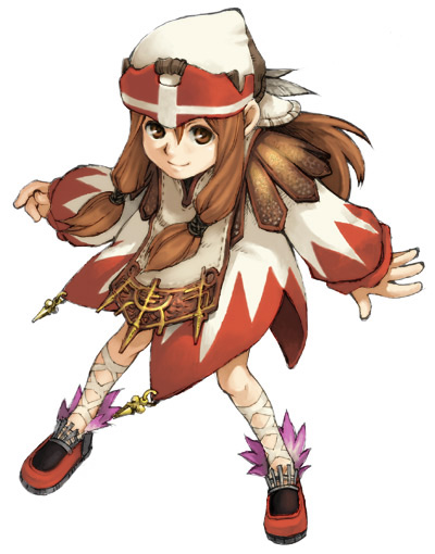 clavat, white mage (final fantasy), final fantasy, final fantasy crystal chronicles, 1girl, brown eyes, brown hair, dress, female focus, full body, hat, long hair, simple background, smile, solo, white cap clavat