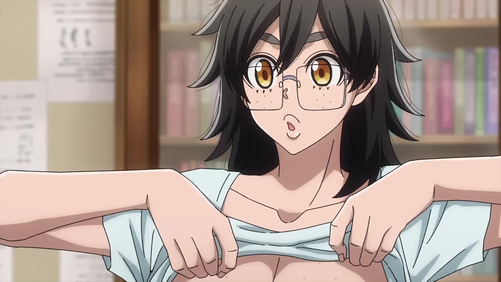aki mary, ichinose shiki (tougen anki), tougen anki, animated, anime screenshot, audible speech, english audio, highres, sound, tagme, video, 1boy, 1girl, 2025, 20s, age difference, backboob, balcony, barefoot, bent over, black hair, blood, blush, bouncing breasts, breasts, caught staring, cleavage, clothes lift, convenient censoring, curvy, doctor, door, doorbell, downblouse, female focus, flashing, freckles, freckles on breasts, from above, glasses, gym shorts, hands on own hips, hanging breasts, height difference, huge breasts, leaning forward, lifting own clothes, lips, looking at breasts, medium hair, mole, mole under eye, no bra, nosebleed, notepad, older female and younger male, orange hair, outdoors, sagging breasts, shirt lift, shorts, tall female, thick eyebrows, thick lips, thick thighs, thighs, wind, yellow eyes