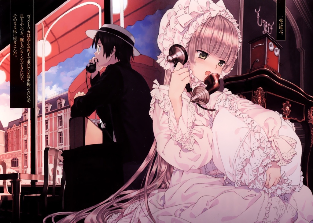 takeda hinata, kujou kazuya, victorica de blois, gosick, official art, translation request, 1boy, 1girl, blonde hair, blush, brown eyes, brown hair, corded phone, green eyes, long hair, phone, pillow, ribbon, talking on phone