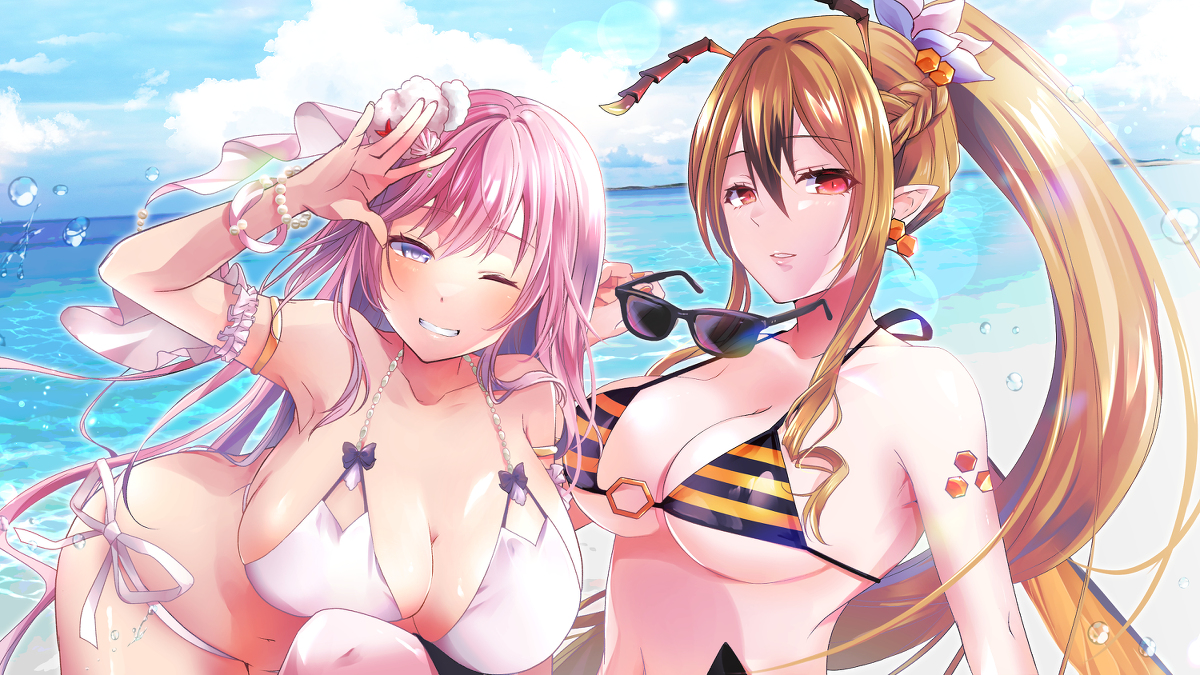 frederica (z/x), z/x, 2girls, antennae, beach, bikini, black hair, blonde hair, blue eyes, bracelet, breasts, chamiswork, cleavage, clenched teeth, earrings, hair between eyes, hair ornament, high ponytail, holding, holding removed eyewear, huge breasts, insect wings, jewelry, long hair, looking at viewer, multicolored hair, multiple girls, navel, ocean, orange eyes, outdoors, pink hair, ponytail, shoulder tattoo, striped bikini, striped clothes, sunglasses, swimsuit, tattoo, teeth, unworn eyewear, very long hair, vesparose, water drop, white bikini, wings