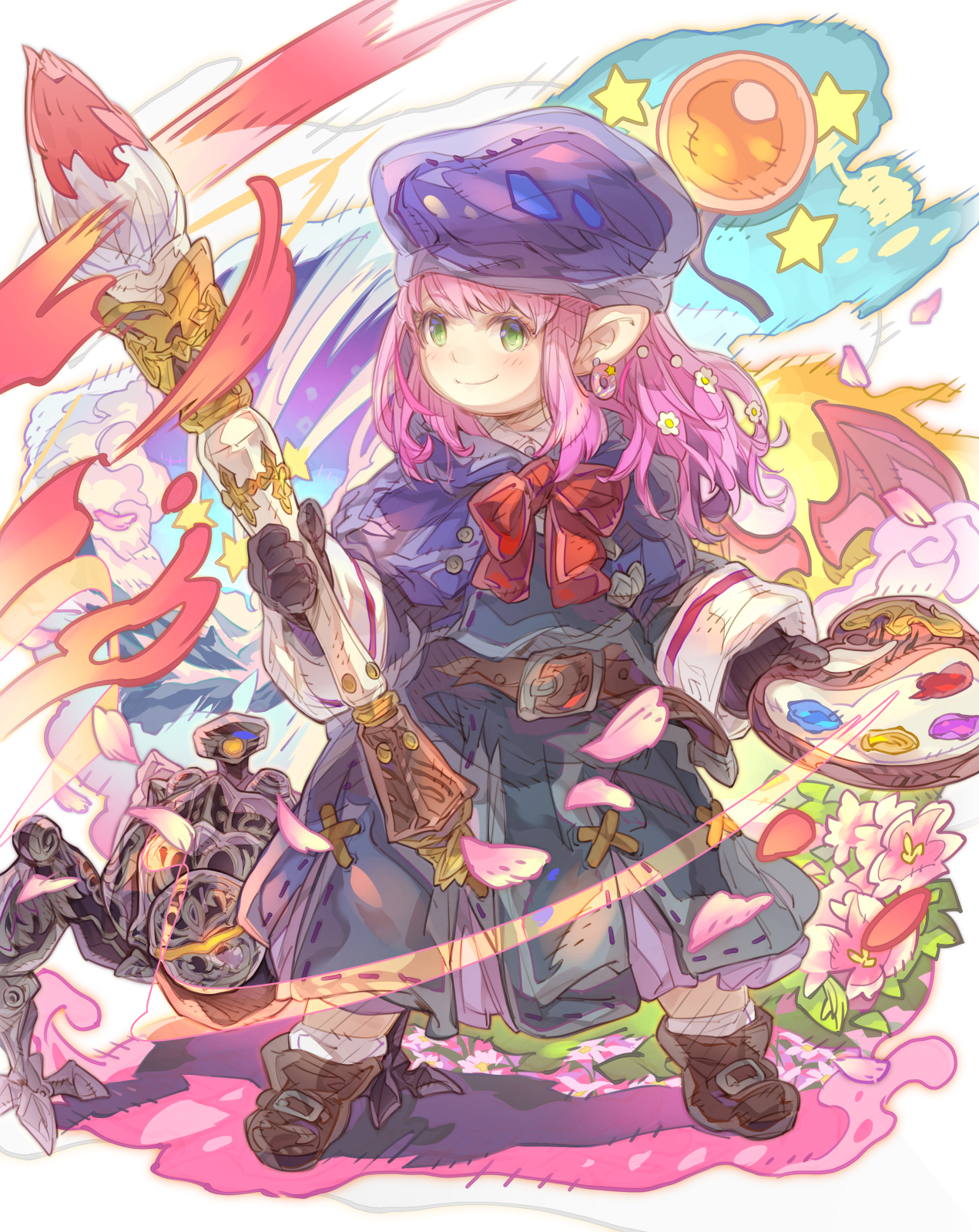 haku (sabosoda), final fantasy, final fantasy xiv, commentary request, commission, highres, skeb commission, 1girl, belt, belt buckle, beret, black boots, black dress, black gloves, boots, brown belt, buckle, capelet, closed mouth, detached wings, dress, full body, gloves, green eyes, hat, holding, holding paintbrush, long hair, long sleeves, oversized object, paint palette, paintbrush, pink hair, pink wings, purple capelet, purple hat, smile, socks, solo, standing, white socks, wings