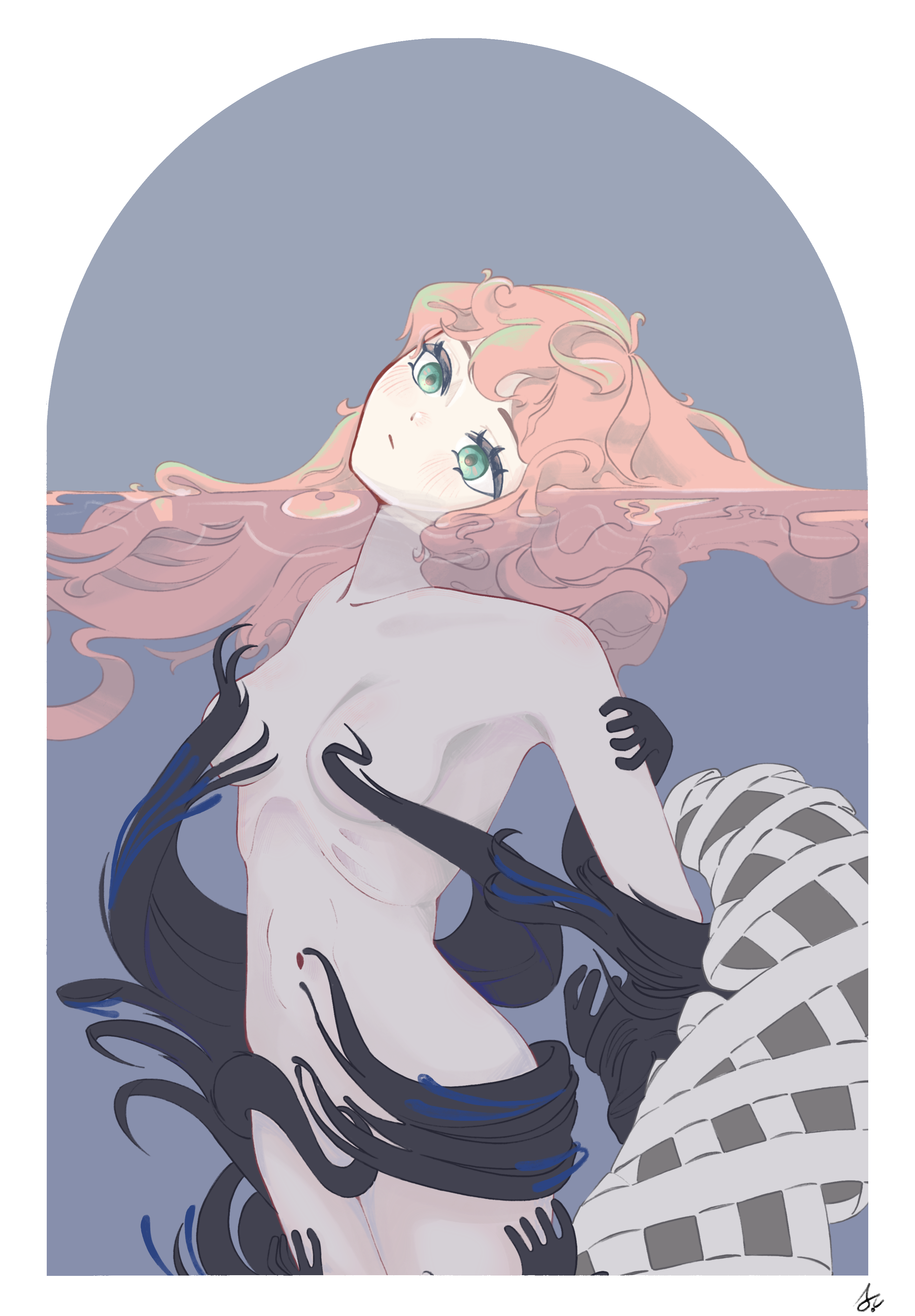 nautika (reverse:1999), reverse:1999, absurdres, commentary, highres, 1girl, afloat, aqua eyes, armpits, breasts, closed mouth, collarbone, completely nude, convenient censoring, cowboy shot, expressionless, long hair, navel, nude, pink hair, pyopyopyo08, sidelocks, signature, small breasts, solo, stomach, transformation, water