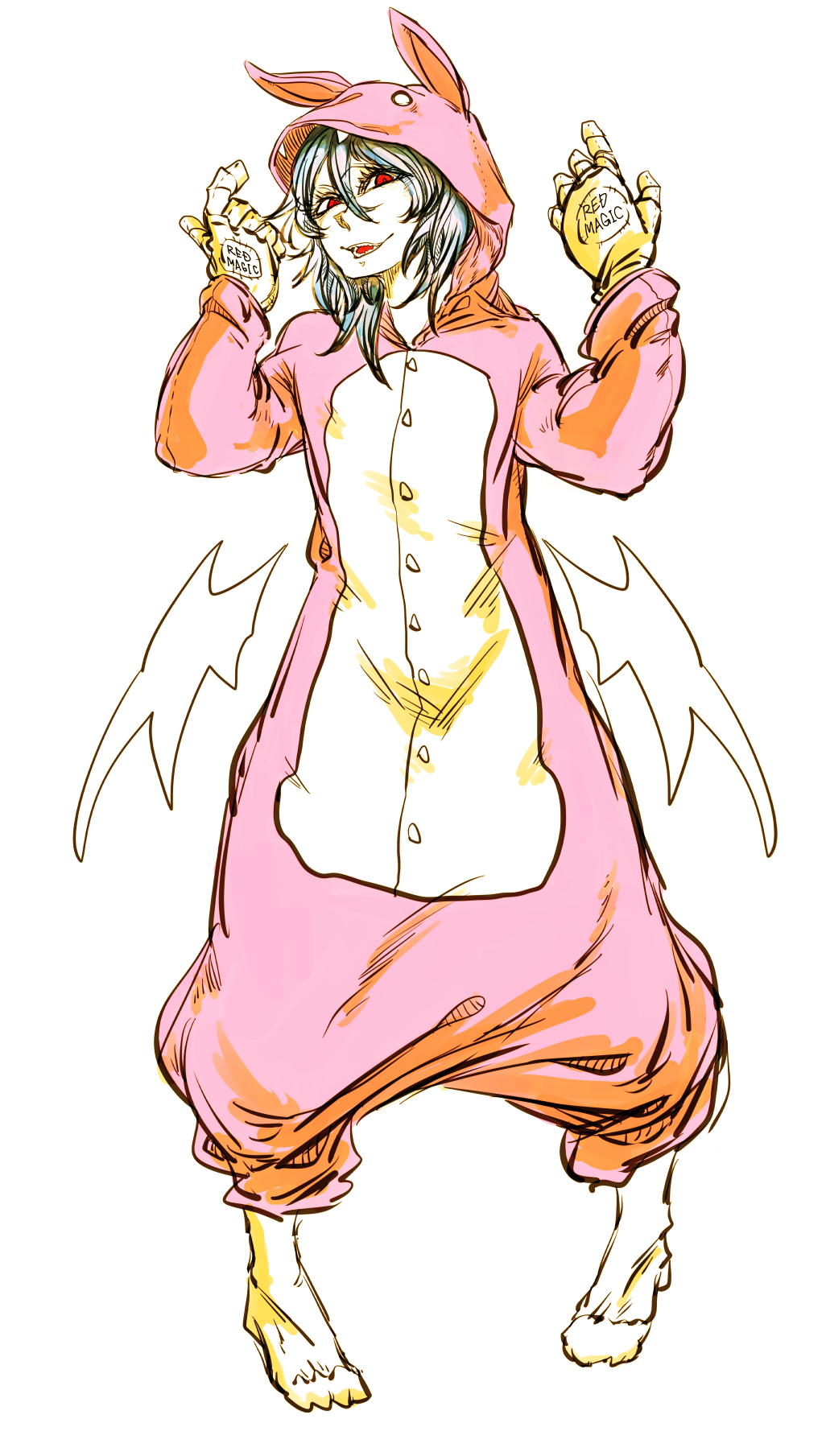 kyanduru, remilia scarlet, touhou, highres, 1girl, animal ears, bat wings, fake animal ears, gloves, hands up, hooded overalls, jumpsuit, looking at viewer, open mouth, pink jumpsuit, purple hair, rabbit ears, red eyes, short hair, simple background, smile, solo, white background, wings, yellow gloves
