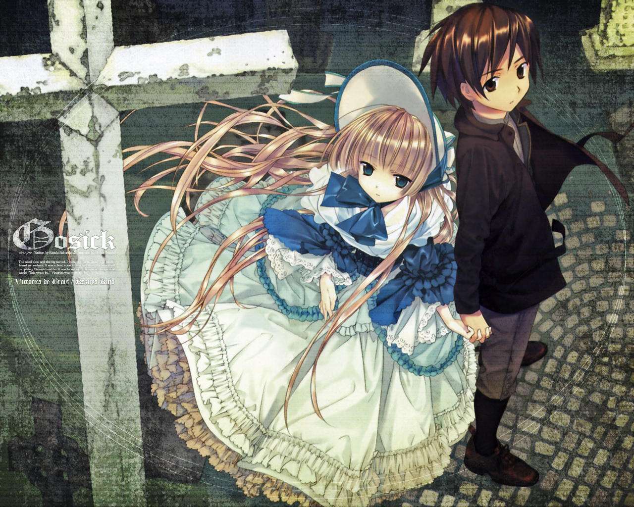 takeda hinata, kujou kazuya, victorica de blois, gosick, official art, official wallpaper, 1boy, 1girl, artist name, blonde hair, bonnet, brown eyes, brown hair, character name, copyright name, couple, frills, gothic lolita, green eyes, hair spread out, hetero, holding hands, lace, lolita fashion, long hair, ribbon, short hair, very long hair, victorian
