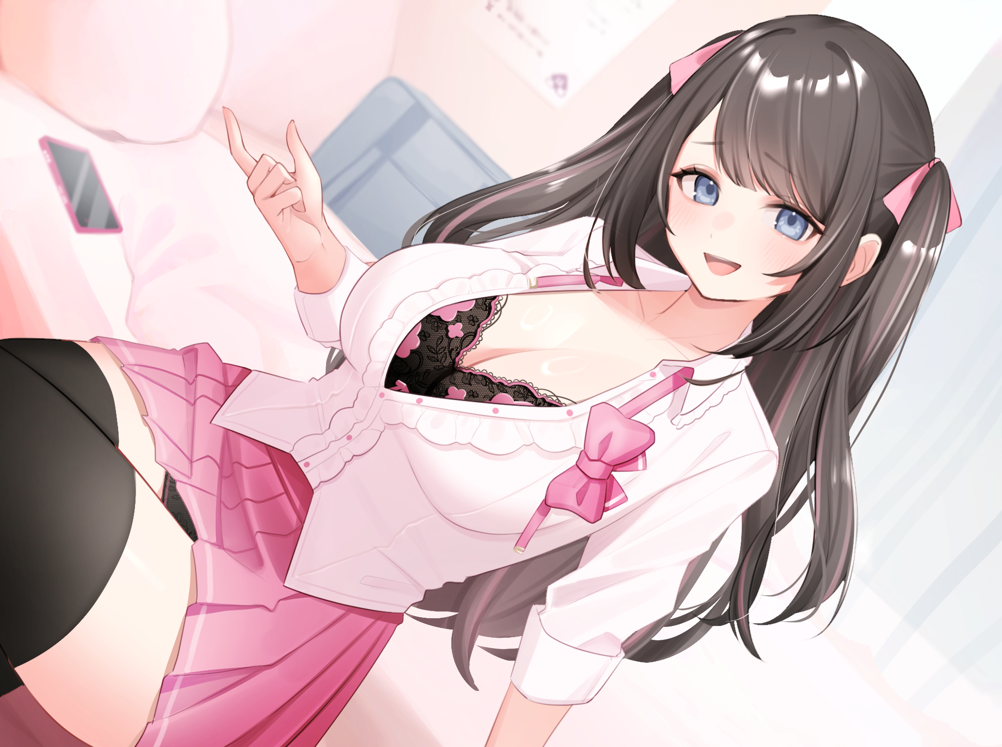 skoll world, original, highres, 1girl, :d, arm support, bag, bed, bed sheet, bedroom, black bra, black hair, black panties, black thighhighs, blue eyes, blush, bra, breasts, cellphone, cleavage, crossed legs, curtains, hair ribbon, indoors, large breasts, long hair, looking at viewer, multicolored hair, open clothes, open mouth, open shirt, panties, phone, pillow, pink hair, pink skirt, pleated skirt, ribbon, school bag, school uniform, shirt, sidelocks, sitting, skirt, sleeves rolled up, smartphone, smile, solo, streaked hair, teeth, thighhighs, two-tone hair, two side up, underwear, upper teeth only, white shirt