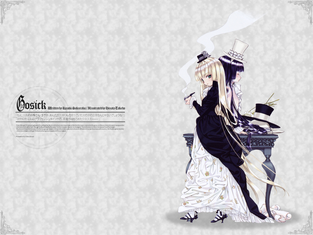 takeda hinata, victorica de blois, gosick, official art, official wallpaper, 2girls, artist name, ascot, blonde hair, closed eyes, copyright name, dress, frills, green eyes, hair spread out, hat, holding, holding smoking pipe, lolita fashion, long hair, mini hat, mini top hat, multiple girls, ribbon, smoking pipe, top hat, very long hair, victorian