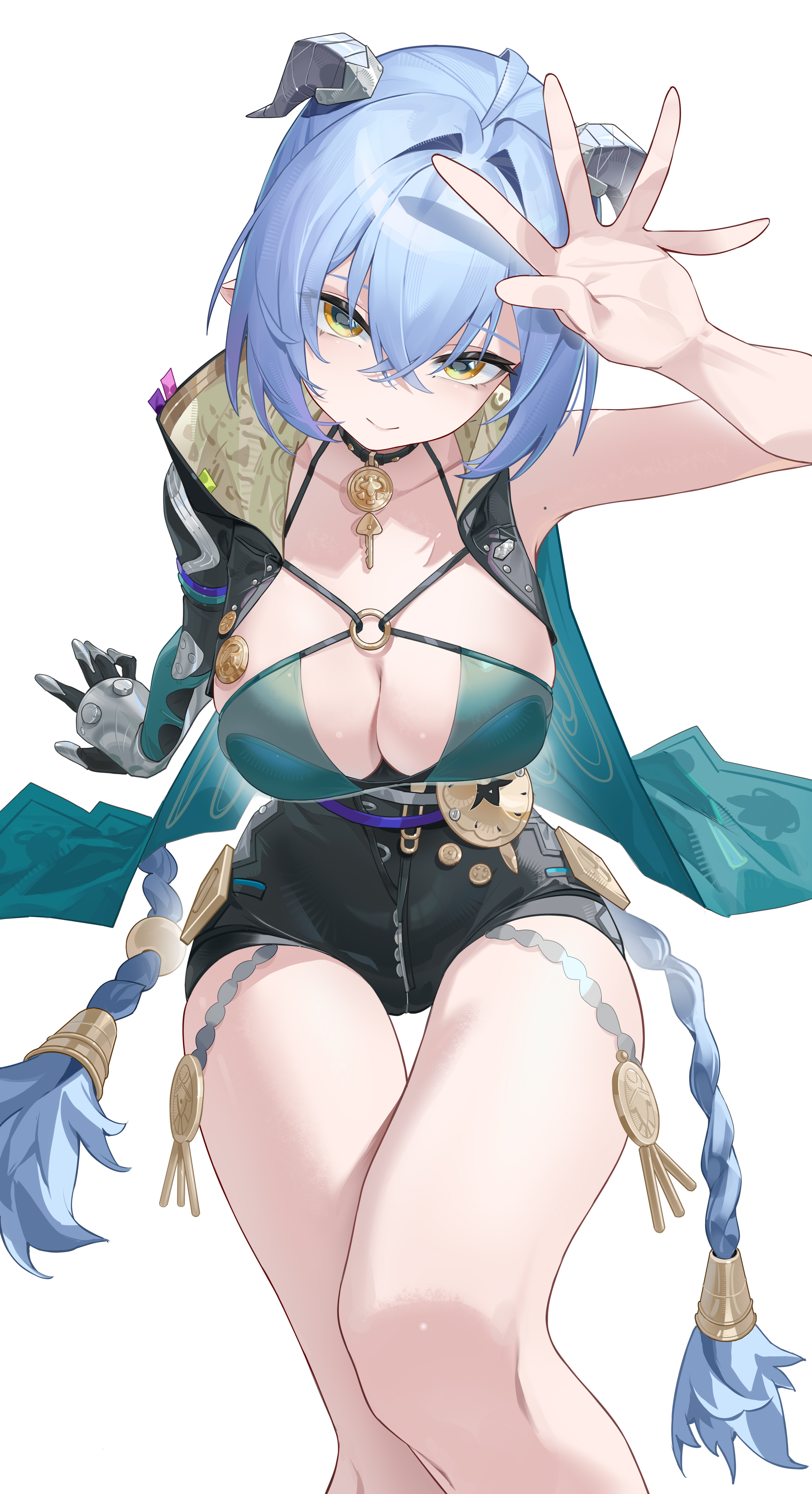 freeeeeeeeeee, lucia elowen, zenless zone zero, absurdres, highres, 1girl, arm up, black choker, black leotard, blue hair, braid, breasts, choker, cleavage, closed mouth, collarbone, feet out of frame, hair between eyes, horns, large breasts, leotard, long hair, looking at viewer, missing commentary, mole, mole on shoulder, pendant choker, simple background, sitting, smile, solo, thigh gap, thighs, very long hair, white background, yellow eyes