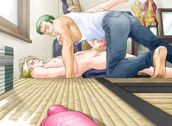 roronoa zoro, sanji (one piece), one piece, 2boys, barefoot, blonde hair, blush, bottle, clothed on nude, denim, green hair, jeans, lotion, lying, male focus, multiple boys, on back, on floor, pants, penis, yaoi