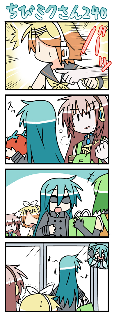 minami (colorful palette), capybara-san, chibi miku, fl-chan, hatsune miku, kagamine rin, megurine luka, fl studio, vocaloid, commentary, long image, tall image, > <, 4girls, 4koma, :3, alternate hairstyle, aqua hair, battle, chibi, closed eyes, comic, fingerless gloves, gloves, multiple girls, silent comic, sunglasses, sweatdrop, trembling
