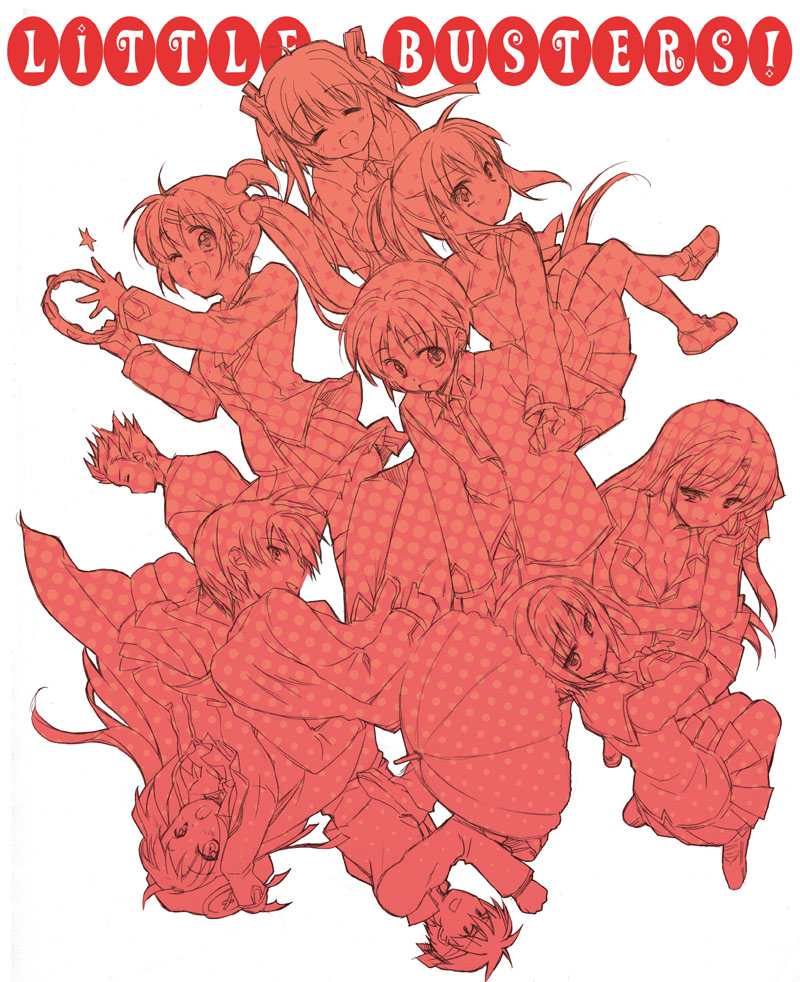 unohana tsukasa, unotsuka, inohara masato, kamikita komari, kurugaya yuiko, miyazawa kengo, naoe riki, natsume kyousuke, natsume rin, nishizono mio, noumi kudryavka, saigusa haruka, little busters!, 4boys, 6+girls, everyone, monochrome, multiple boys, multiple girls, polka dot, red theme