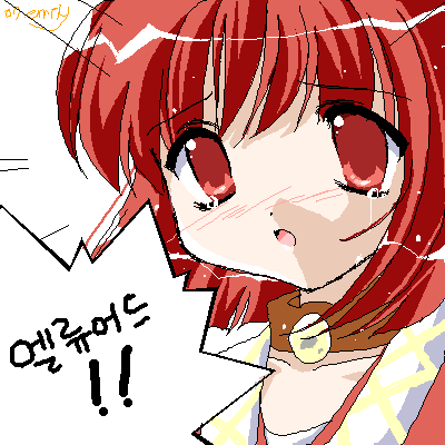 emily (pure dream), arcturus, bad id, lowres, translation request, 1girl, 2000s (style), blush, brown choker, choker, korean text, looking at viewer, maria kates, oekaki, open mouth, portrait, red eyes, red hair, short hair, solo