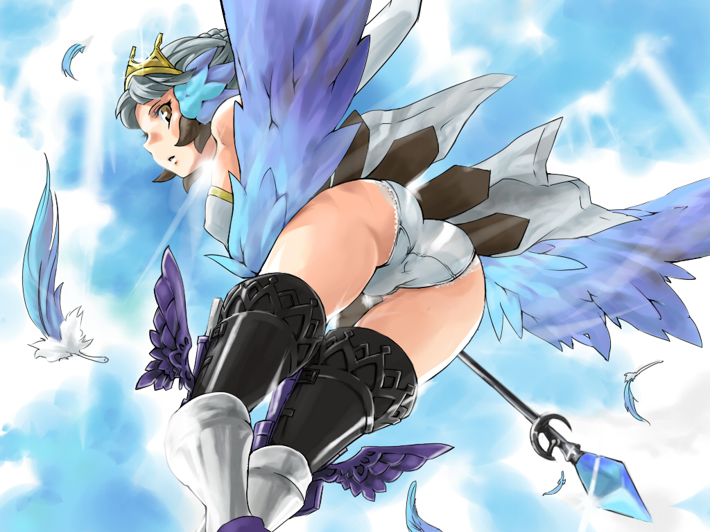 hekeniko, gwendolyn (odin sphere), odin sphere, 1girl, armor, armored dress, ass, bent over, blue background, boots, crown, dress, elbow gloves, female focus, from below, gloves, hat, panties, polearm, pteruges, solo, spear, thigh boots, thighhighs, underwear, weapon, white hair, white panties, wings
