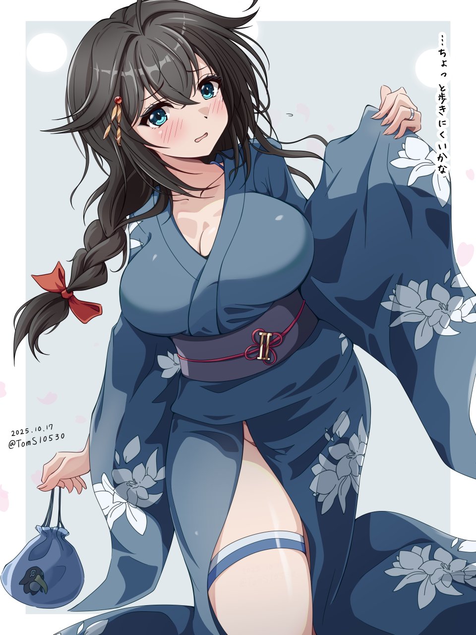 toms, shigure (kancolle), kantai collection, highres, 1girl, ahoge, alternate breast size (larger), blue eyes, braid, breasts, hair flaps, hair ornament, japanese clothes, kimono, large breasts, long hair, obi, sash, single braid, summer festival, yukata