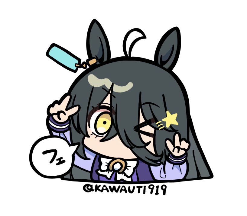 kawamochi (kawauti919), manhattan cafe (umamusume), umamusume, commentary request, translation request, > o, 1girl, ahoge, animal ears, arm up, black hair, bow, chibi, cropped torso, double v, hair between eyes, hand up, horse ears, long hair, long sleeves, looking at viewer, multicolored hair, one eye closed, puffy long sleeves, puffy sleeves, purple shirt, school uniform, shirt, simple background, solo, star (symbol), tracen school uniform, twitter username, two-tone hair, upper body, v, white background, white bow, white hair, yellow eyes