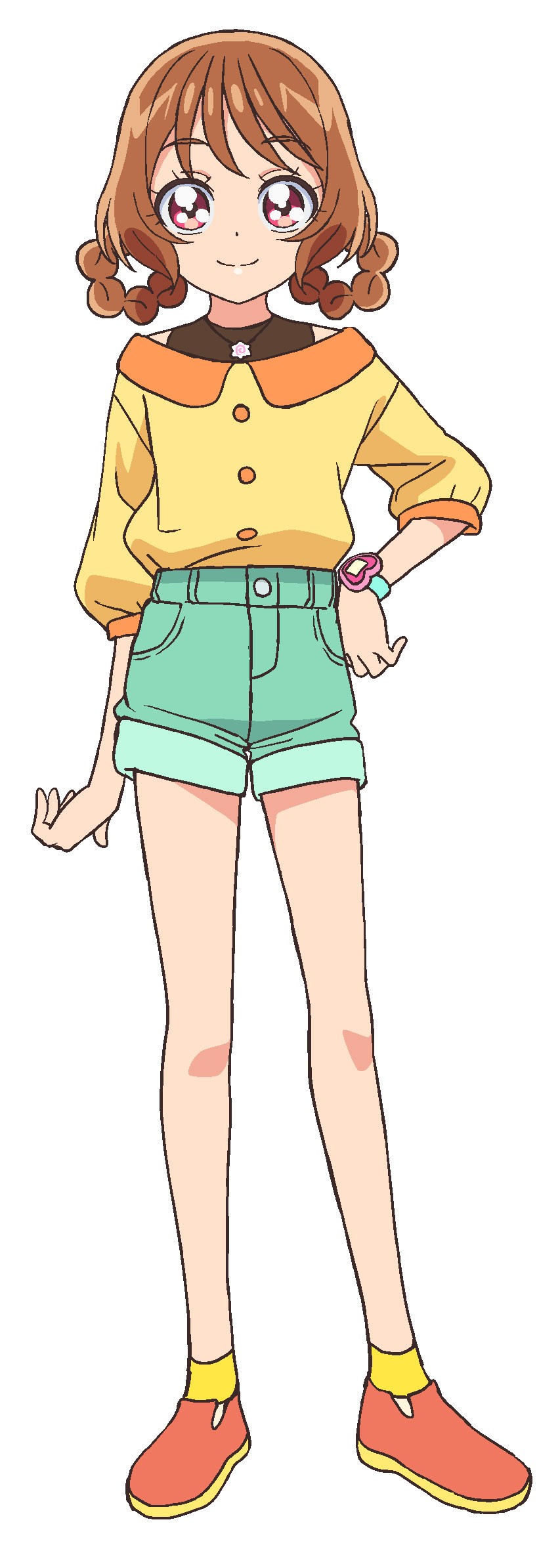 hanamichi ran, delicious party precure, precure, highres, official art, second-party source, 1girl, braid, braided hair rings, brown hair, closed mouth, collared shirt, full body, green shorts, hair rings, hand on own hip, jewelry, looking at viewer, necklace, orange shoes, shirt, shoes, short hair, shorts, simple background, smile, socks, solo, standing, tachi-e, white background, yellow shirt, yellow socks
