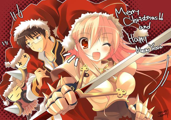 emily (pure dream), goblin (ragnarok online), high priest (ragnarok online), lord knight (ragnarok online), ragnarok online, bad id, 1boy, 1girl, 2000s (style), :d, armor, black coat, blonde hair, boobplate, breastplate, brown hair, coat, glasses, gold trim, grin, happy new year, hat, holding, holding sack, holding sword, holding weapon, long hair, looking at viewer, mask, masked, merry christmas, new year, one eye closed, open mouth, orange eyes, pauldrons, red background, red hat, sack, santa hat, short hair, shoulder armor, smile, spiked gauntlets, sword, upper body, weapon