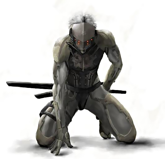 raiden (metal gear), metal gear (series), metal gear solid 4: guns of the patriots, 1boy, armor, bowing, cyborg, helmet, male focus, ninja, power armor, sheath, sheathed, solo, sword, thigh strap, weapon, white hair