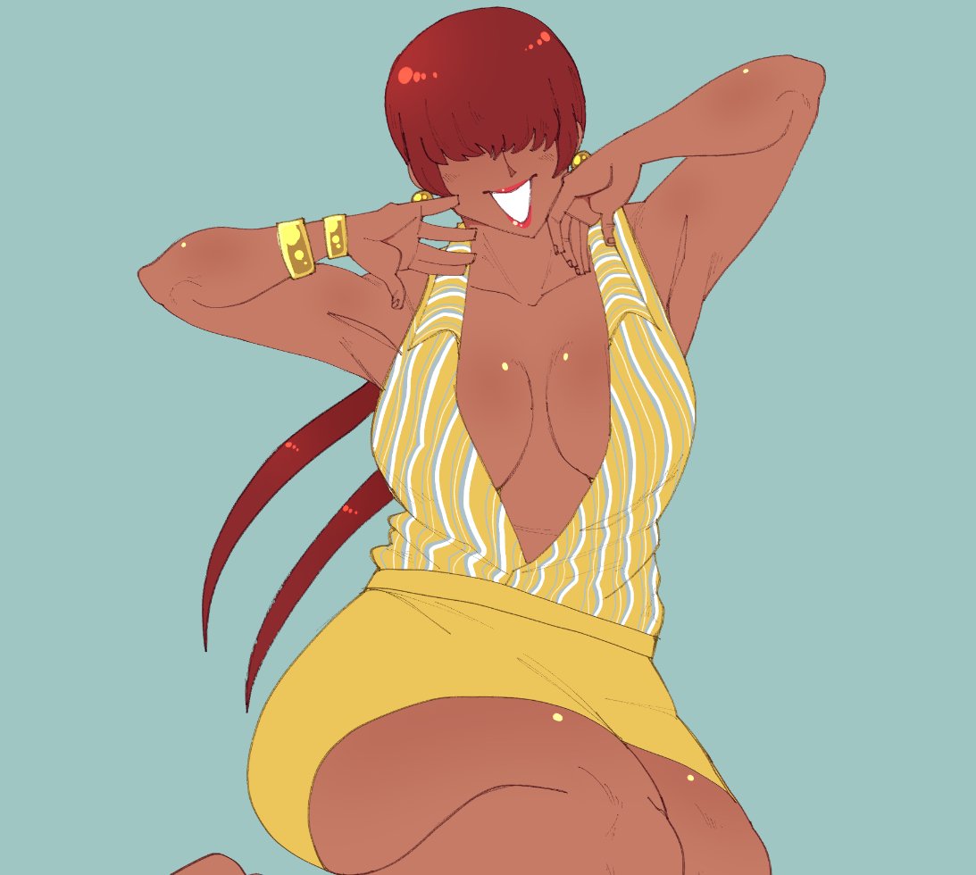 1shermieaday, shermie (kof), the king of fighters, 1girl, breasts, curvy, dark-skinned female, dark skin, dress, earrings, female focus, gold, huge breasts, jewelry, large breasts, long hair, marellartt, no bra, ponytail, red hair, skirt, smile, smiley face, tan, thick thighs, thighs, twintails, wide hips