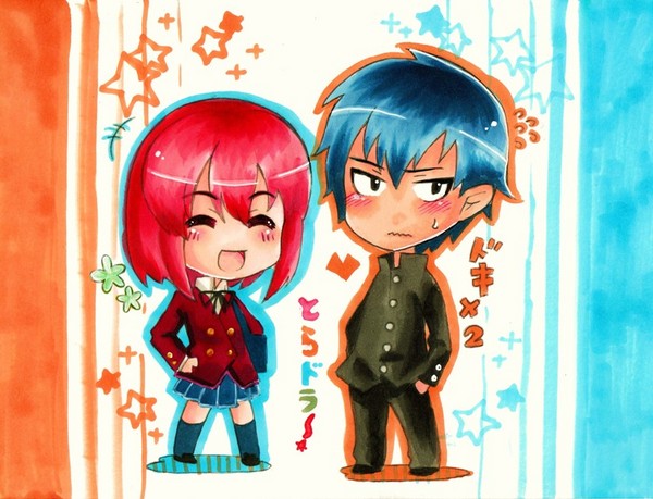 kushieda minori, takasu ryuuji, toradora!, translation request, 00s, blush, closed eyes, red hair, school uniform, smile, star (symbol), sweat