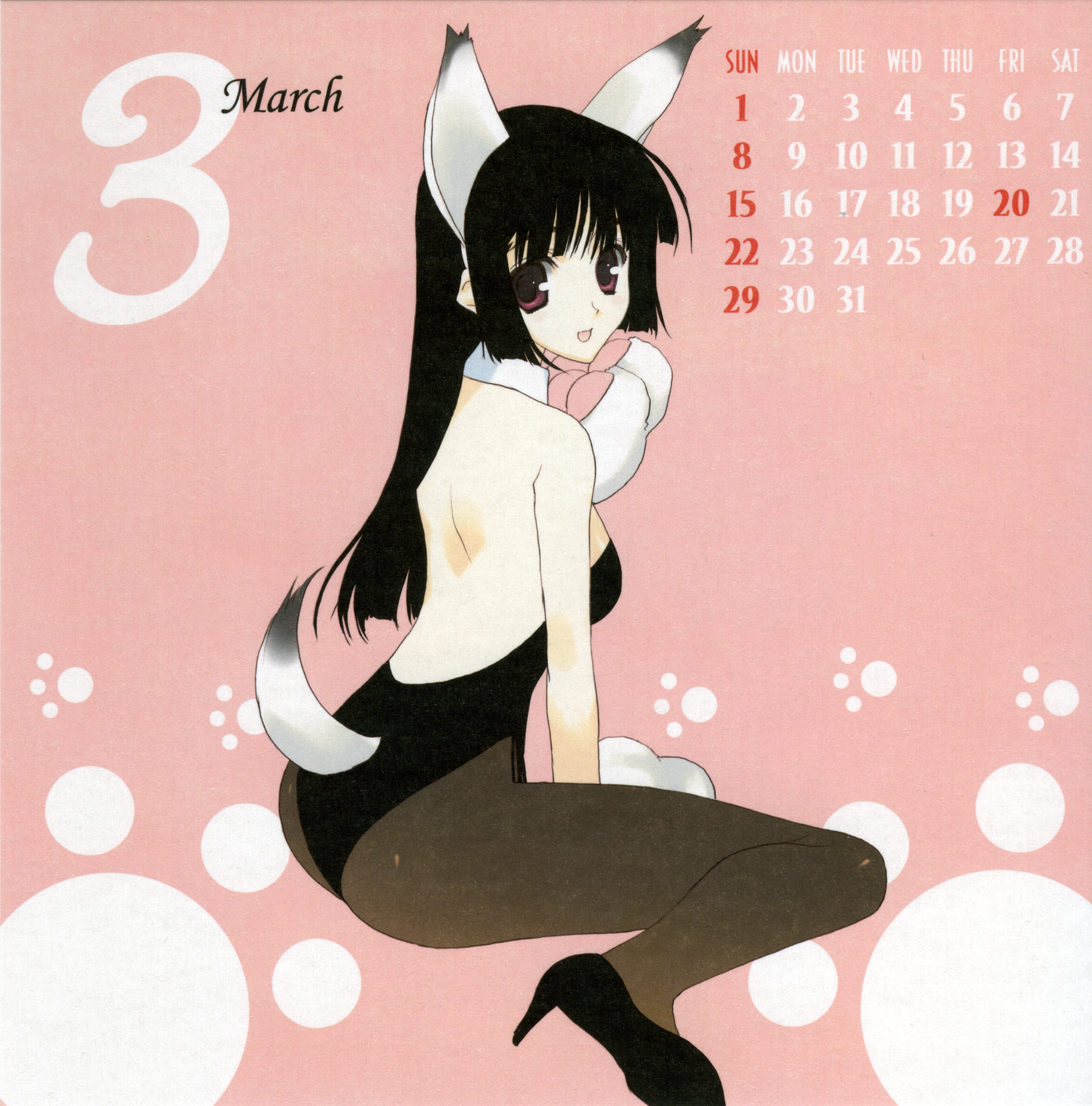 nakamura takeshi, highres, 00s, 1girl, 2009, animal ears, animal hands, black hair, calendar, collar, female focus, high heels, long hair, march, nontraditional playboy bunny, open mouth, pantyhose, playboy bunny, purple eyes, shoes, solo, tail