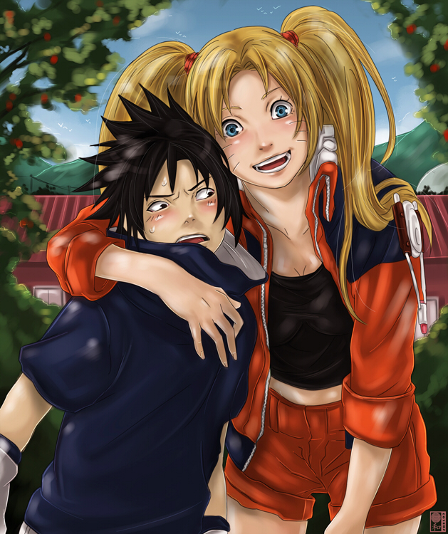 sbel02, sumishuu, naruko (naruto), uchiha sasuke, uzumaki naruto, naruto (classic), naruto (series), 1boy, 1girl, arm around shoulder, arm warmers, black eyes, black hair, black shirt, blonde hair, blue eyes, blue jacket, blue shirt, blue sky, blush, breasts, cleavage, collarbone, couple, day, facial mark, facing viewer, genderswap, genderswap (mtf), hair tie, happy, height difference, hetero, hug, jacket, large breasts, leaning forward, long hair, looking at another, looking at viewer, matching hair/eyes, midriff, multicolored jacket, one-armed hug, open clothes, open jacket, open mouth, orange jacket, orange shorts, outdoors, shirt, short hair, short sleeves, shorts, sky, sleeves rolled up, smile, spiked hair, standing, sweat, t-shirt, teeth, tongue, tree, twintails, whisker markings, whiskers, white jacket